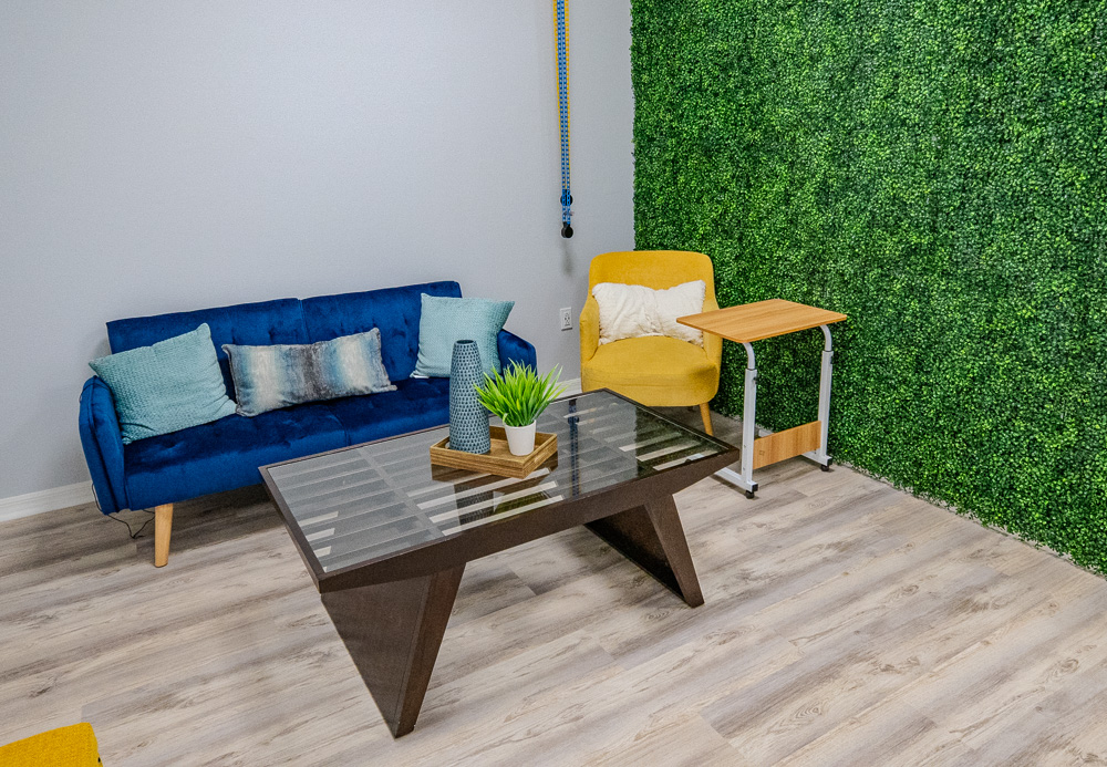 Blue sofa lounge by the plant wall at Work Social